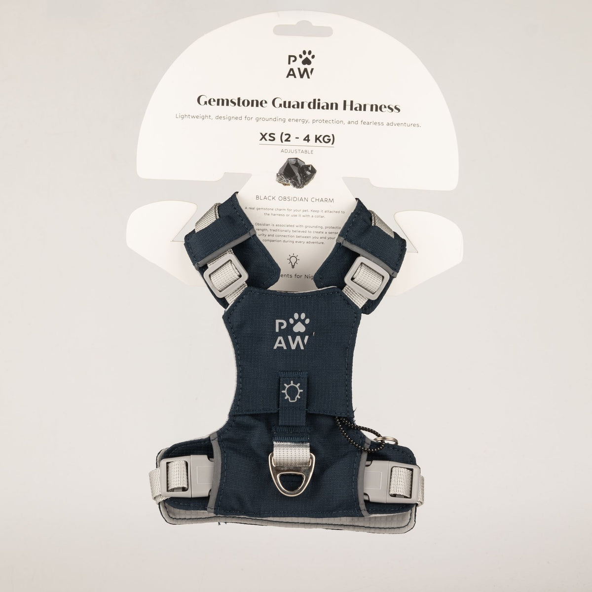 PAW - XS (2-4Kg) Dog Step-in Guardian Harness with Reflective Mesh - Rock Grey - Black Obsidian Charm