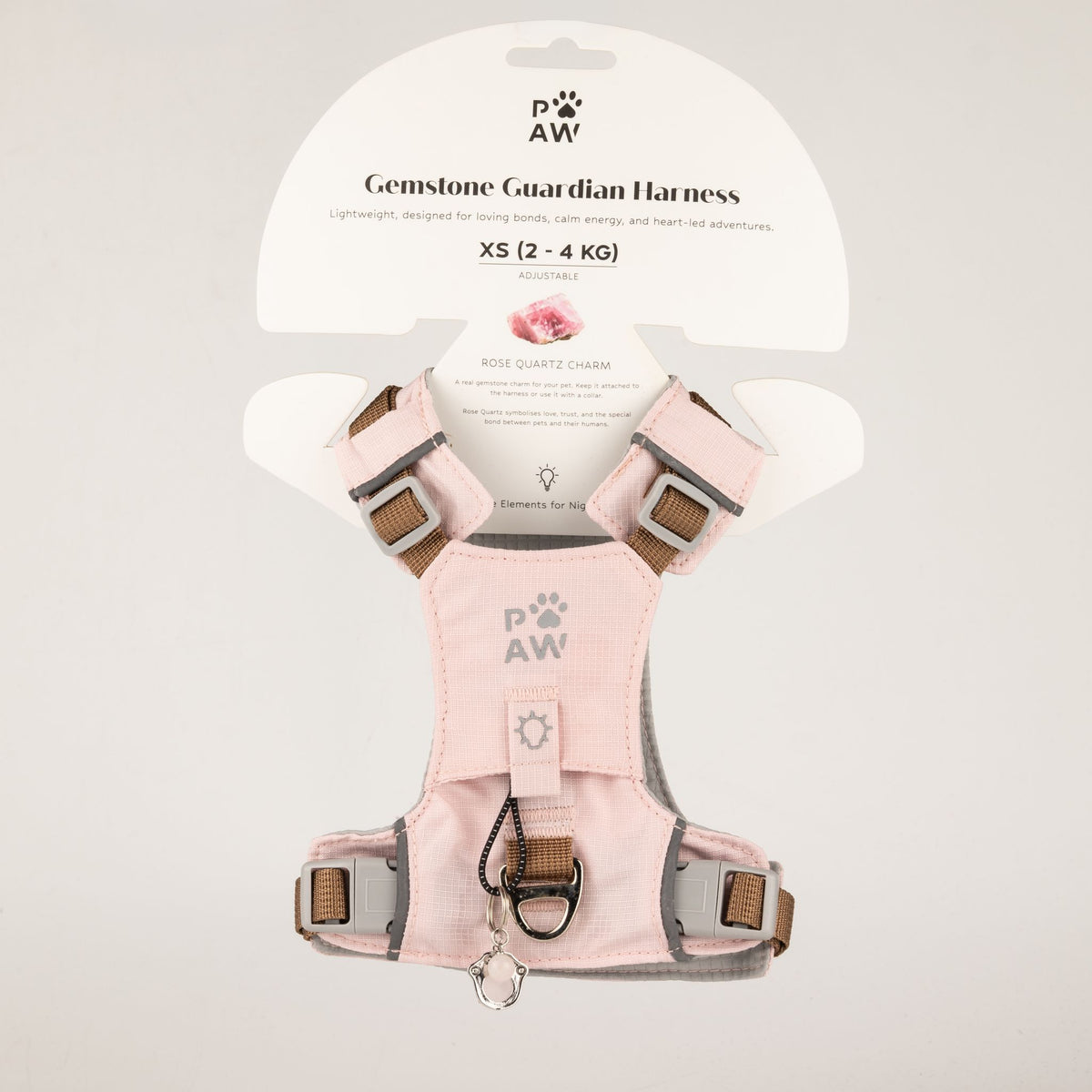 PAW - XS (2-4Kg) Dog Step-in Guardian Harness with Reflective Mesh - Soft Pink - Rose Quartz Charm